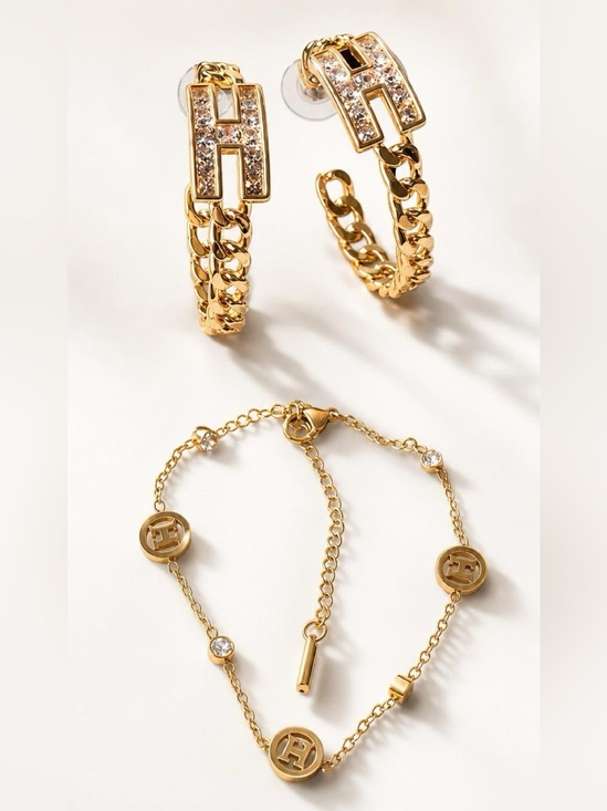 Fashion Jewelry Jewelry - Fashion Jewelry Gold-Tone Chain Bracelet with Crystal Medallions with H Letter